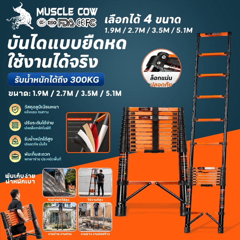 MUSCLE COW บันไดเหล็กคาร์บอนพับได้ บันไดเหยียบหดได้ ความยาว 1.9m / 2.7m / 3.5m / 5.1m สามารถรับน้ำหนักได้ 150 กิโลกรัม
