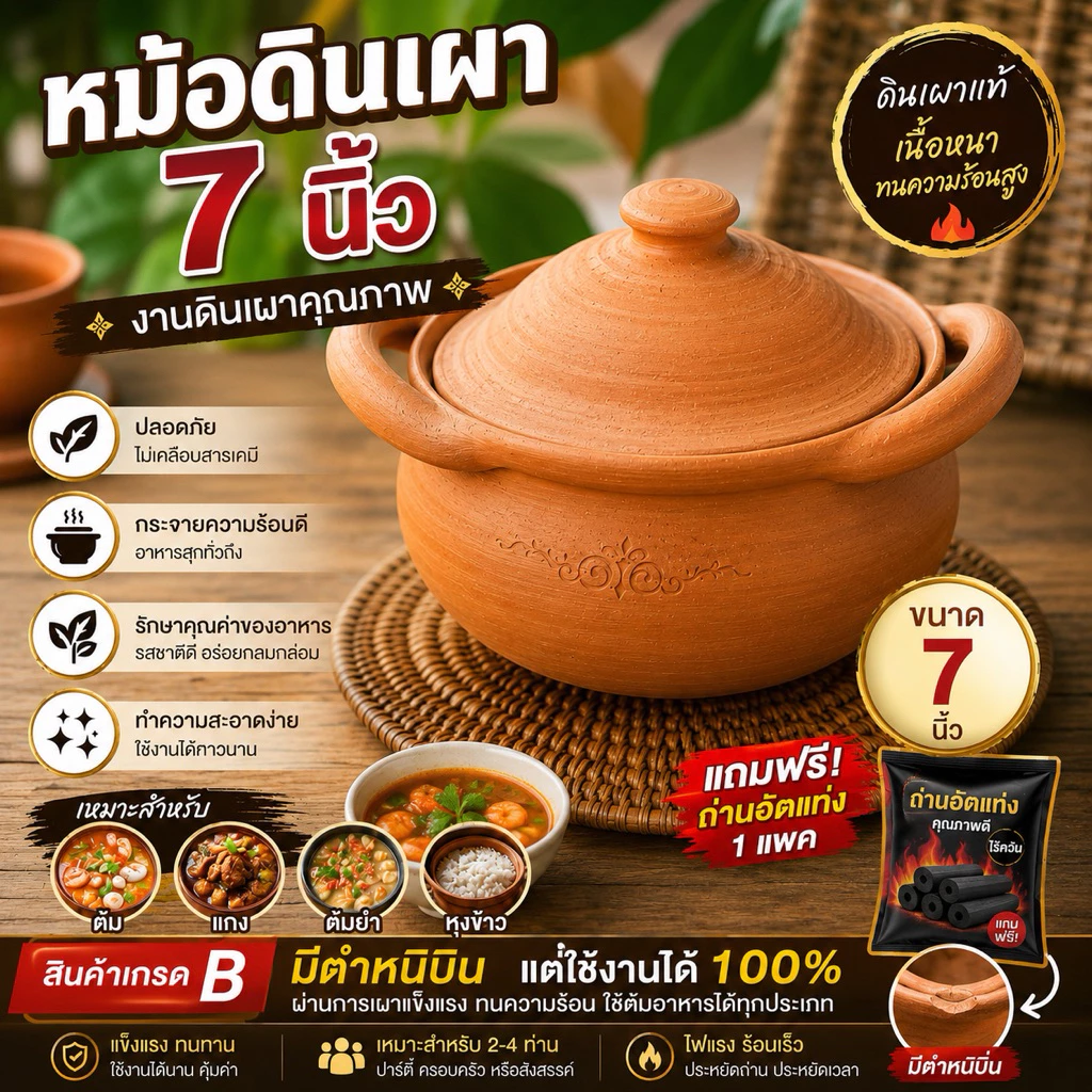 หม้อดินพร้อมฝา (ขนาด 7 นิ้ว) เกรดบี ไม่รั่ว ใช้งานได้100% ราคาถูก