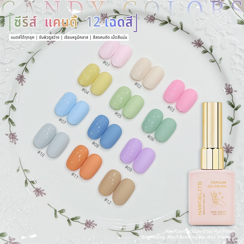 Nawoelite เล็บเจล สีทาเล็บเจล สีเจล เจลทาเล็บสีลูกกวาด 12 สี สีใสสดใส สวยน่ารัก สีสันชัดเจน ต้องใช้ไฟ LED/UV