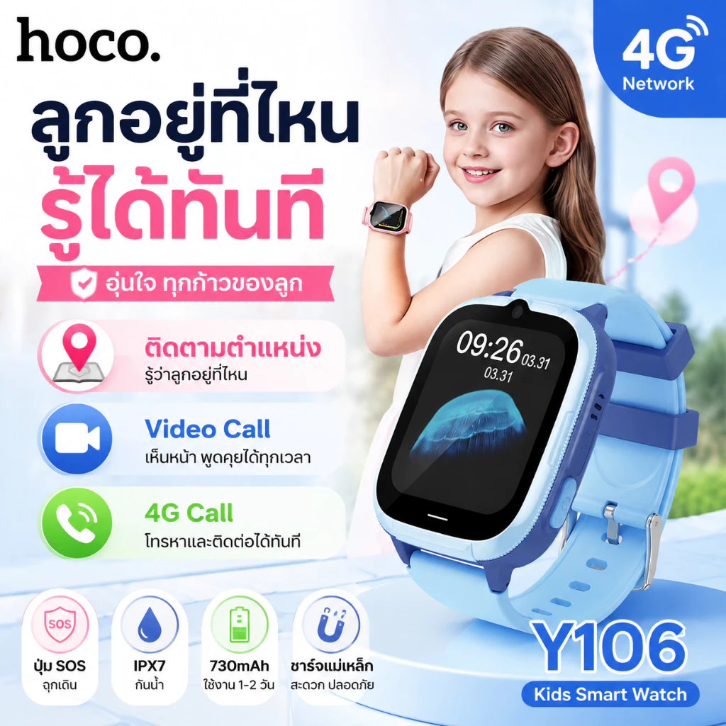 HOCO Y106 นาฬิกาเด็กโทรได้ 4G Smart Watch เด็ก GPS LBS+WiFi ติดตามตำแหน่ง Video Call SOS กันน้ำ IPX7