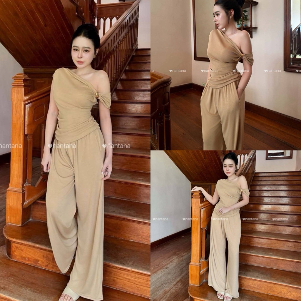 hmwe shop Set เสื้อเปิดไหล่เดี่ยวผ้าวิ๊งนำเข้า แกรรรรเซทนี้คือให้ลุคชิลแบบดาราสาวเกสหลีท่านนึงเลยหละ