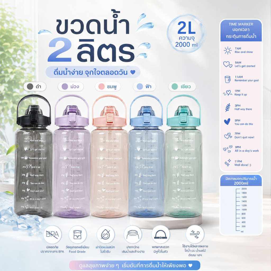 ขวดน้ำ 2 ลิตรสีสันสดใส (01) ขวดน้ำแบบพกพา ความจุ 2ลิตร กระติกน้ำพกพา
