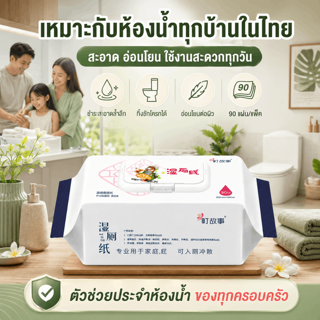 กระดาษเปียกห้องน้ำ 90 แผ่น ใช้ได้ทั้งครอบครัว เนื้อนุ่ม อ่อนโยน สูตรน้ำบริสุทธิ์ ละลายน้ำง่าย