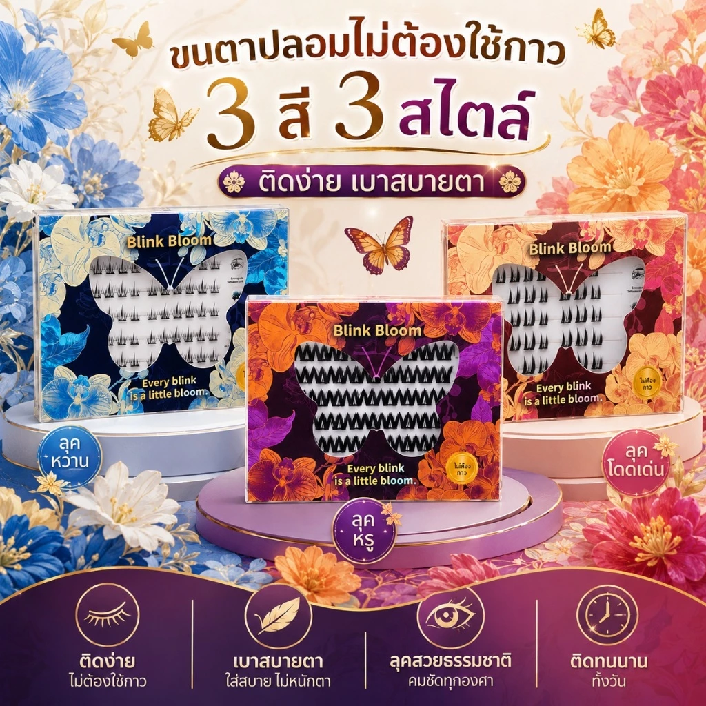 Blink Bloom ซีรีส์ใหม่ ขนตาปลอมไร้กาวสไตล์ หนา งอนยาว เซ็กซี่ เหมือนต่อขนตาที่ร้าน(ยาว8-13มม.)แมชท์ได้หลายลุค