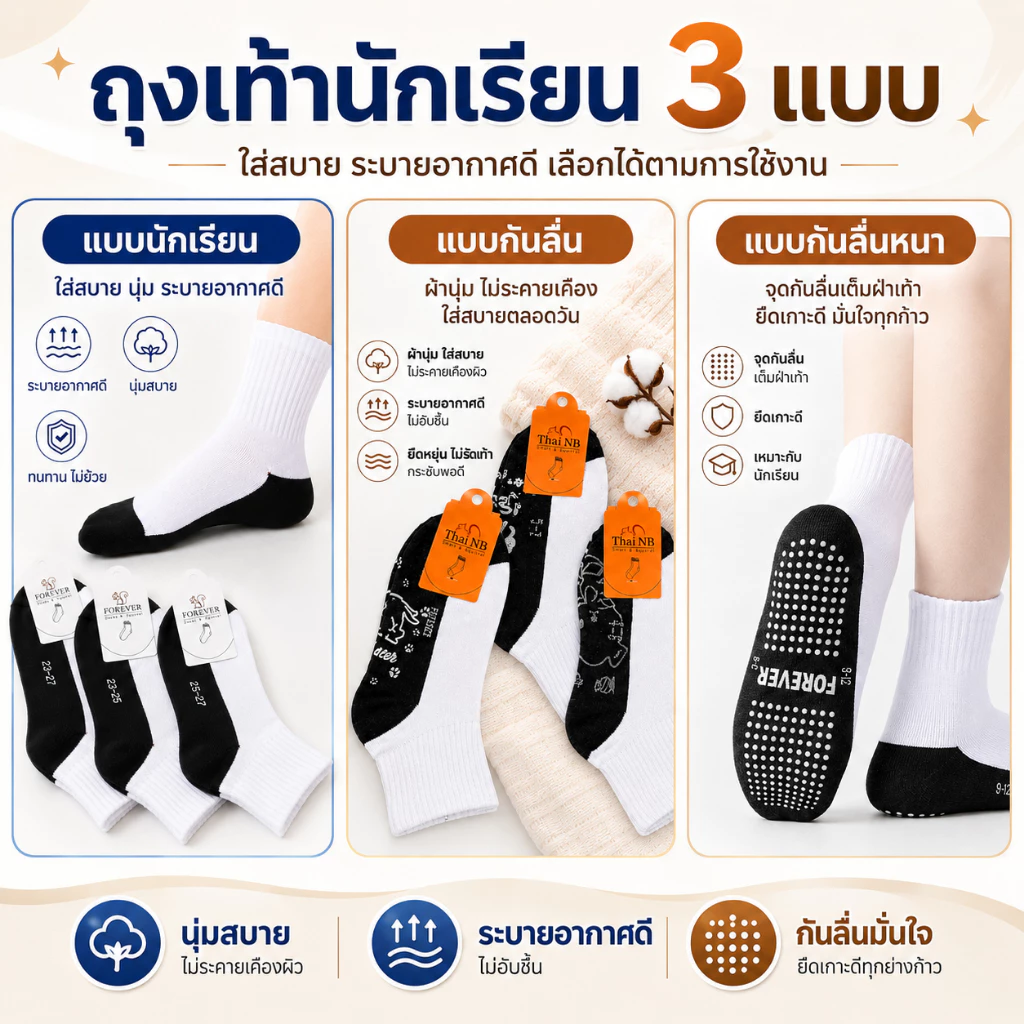ถุงเท้านักเรียน 12 คู่ / 6คู่ ถุงเท้ากันลื่น ถุงเท้ากันลื่นหนา ผ้านุ่ม ระบายอากาศดี ยึดเกาะดี เหมาะใส่ไปโรงเรียน