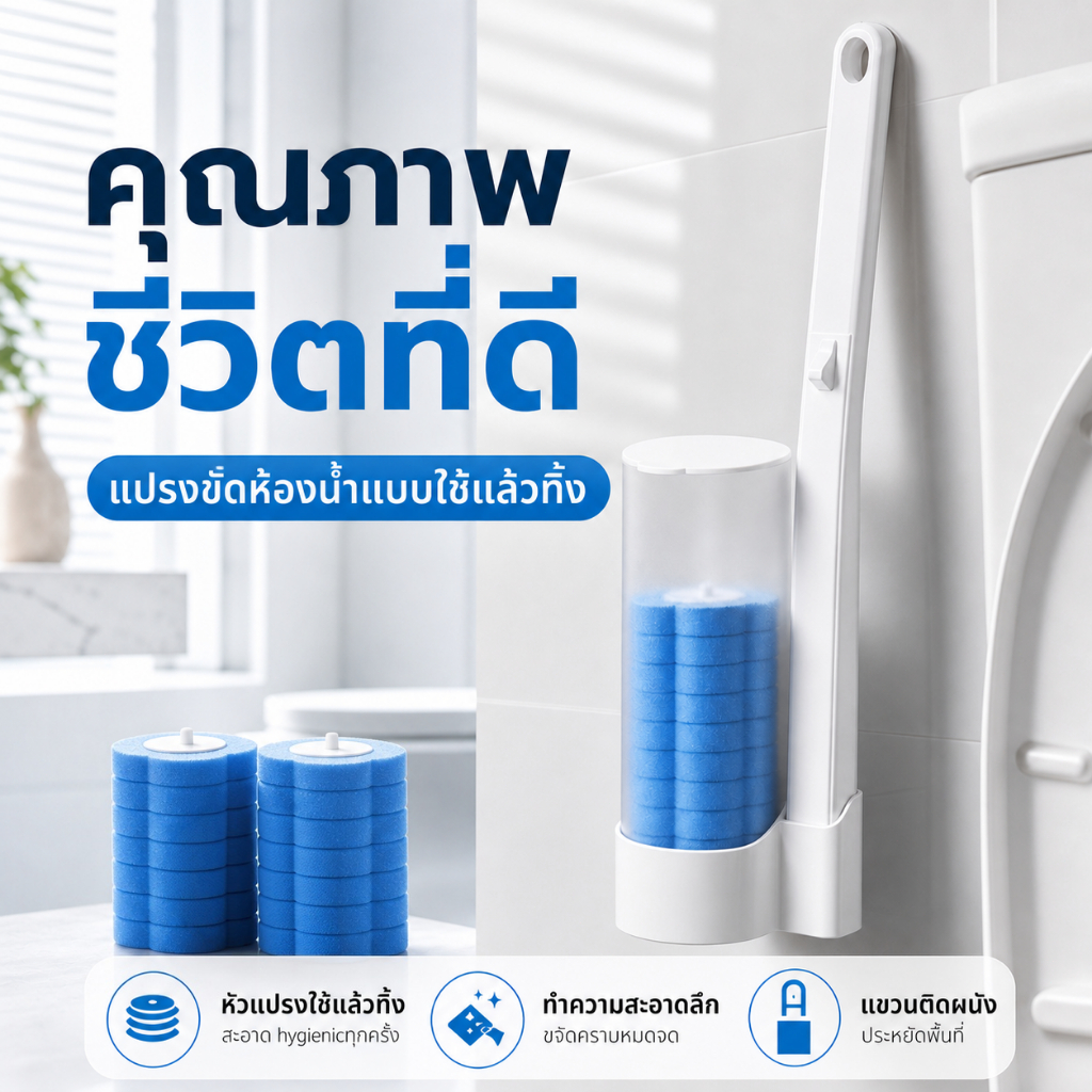 ปรงขัดส้วมใช้แล้วทิ้ง ฐานติดผนังไม่ต้องเจาะ หัวแปรงมีแผ่นน้ำยาทำความสะอาด แถมหัวเปลี่ยน 6 ชิ้น ประหยัดพื้นที่ห้องน้ำ