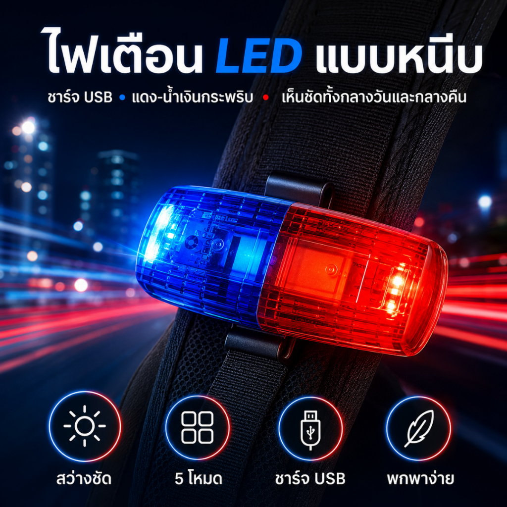 ไฟเตือน LED แบบหนีบ USB ไฟเตือนไหล่ ไฟกระพริบแดง-น้ำเงิน ไฟจักรยาน ไฟวิ่งกลางคืน ชาร์จ USB
