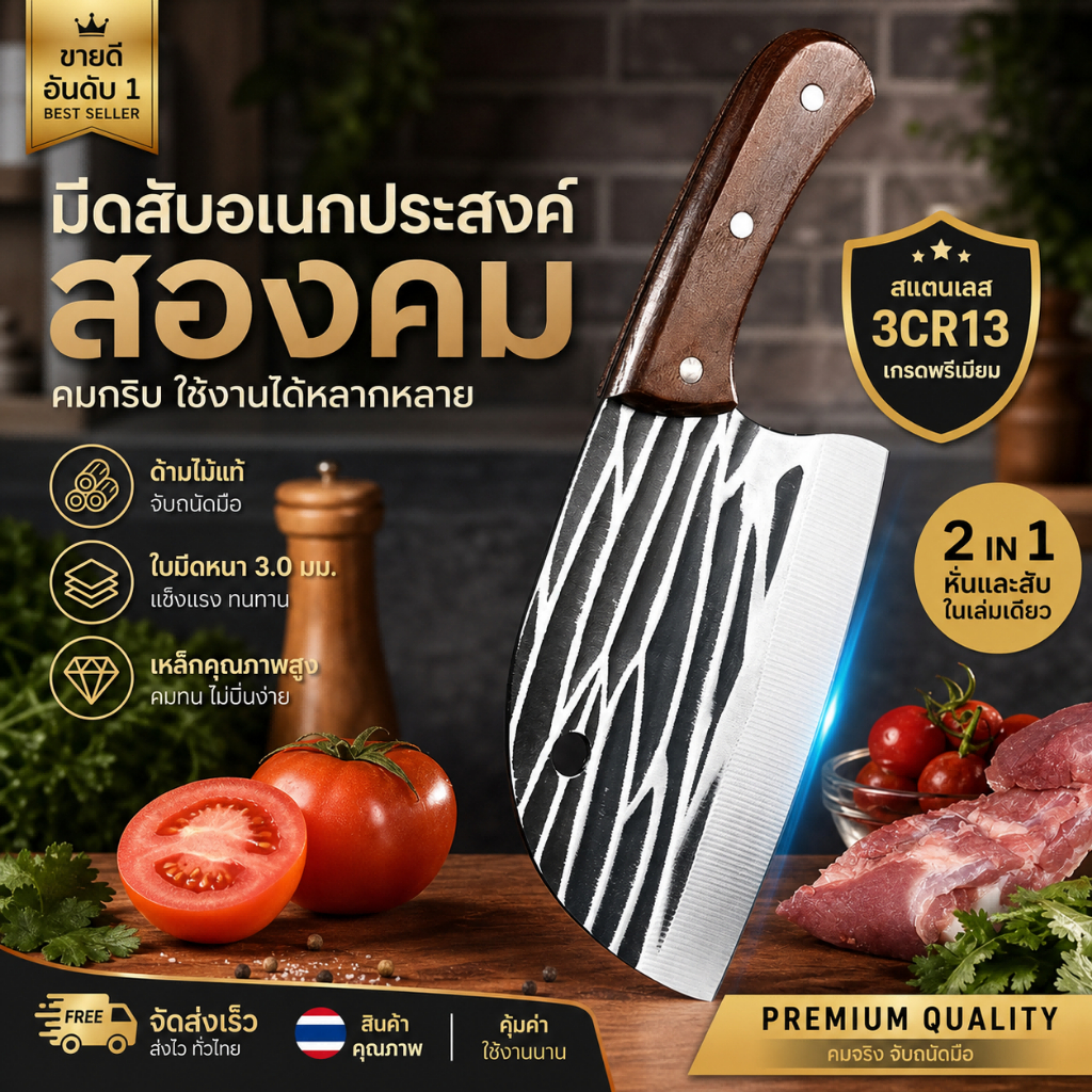 มีดทำครัว ตีขึ้นรูป สแตนเลส คมพิเศษ มีดเชฟ มีดแล่ปลา หั่นเนื้อผัก Kitchen Knife Chef Cleaver Durable