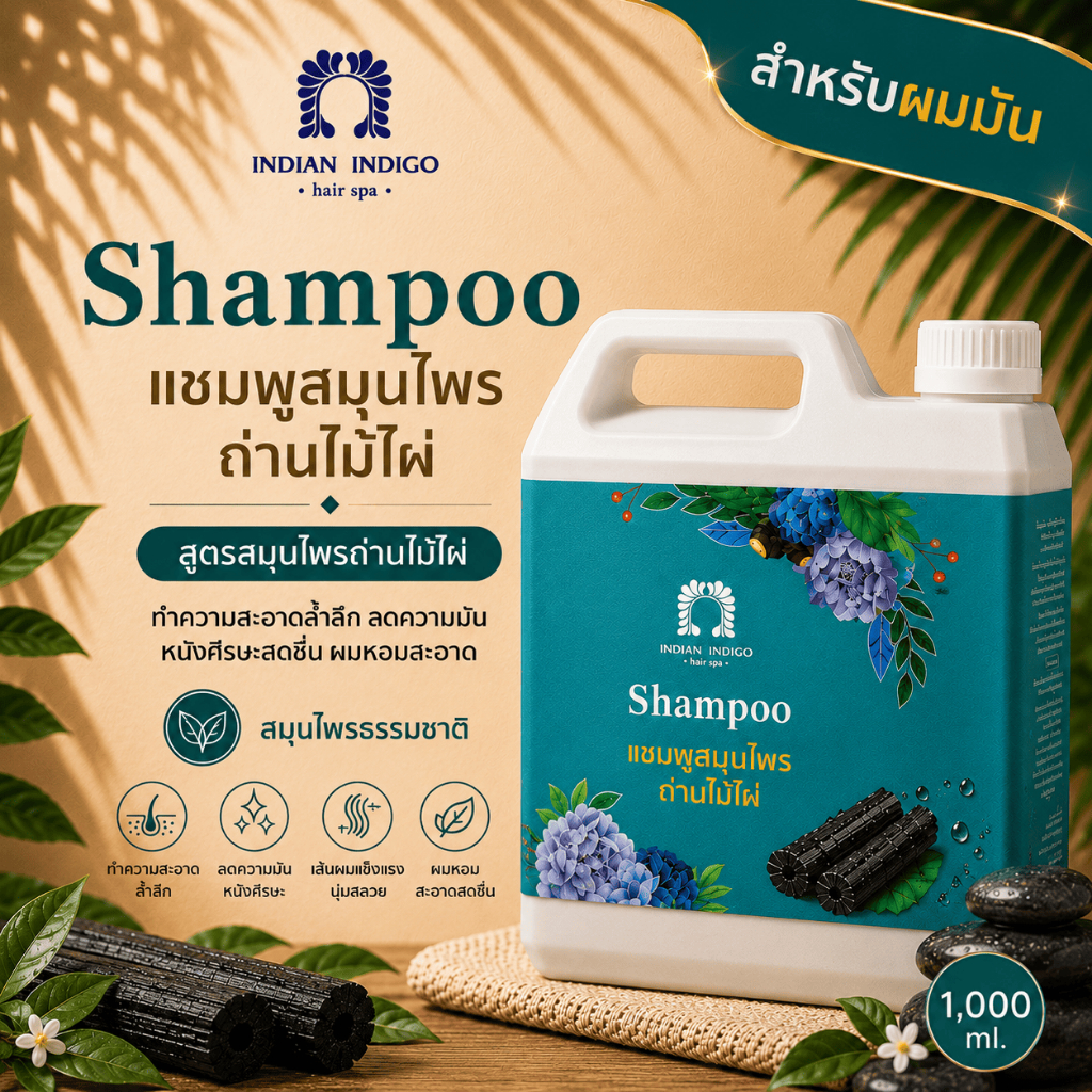 [1,000ml.] สูตรคุมมัน แชมพูสมุนไพรถ่านไม้ไผ่ INDIAN INDIGO ลดผมมัน หนังศีรษะสะอาดล้ำลึก ผมหอม