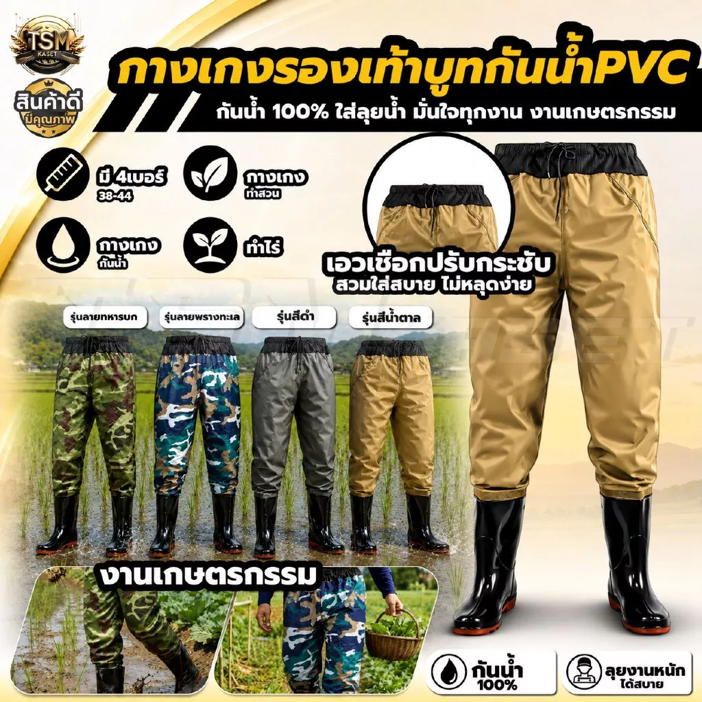 กางเกงรองเท้าบูทกันน้ำ PVC อย่างดี สีลายทหาร / ลายพราง กางเกงทำสวน กางเกงกันน้ำ ทำไร่ โคลนไม่ดูด