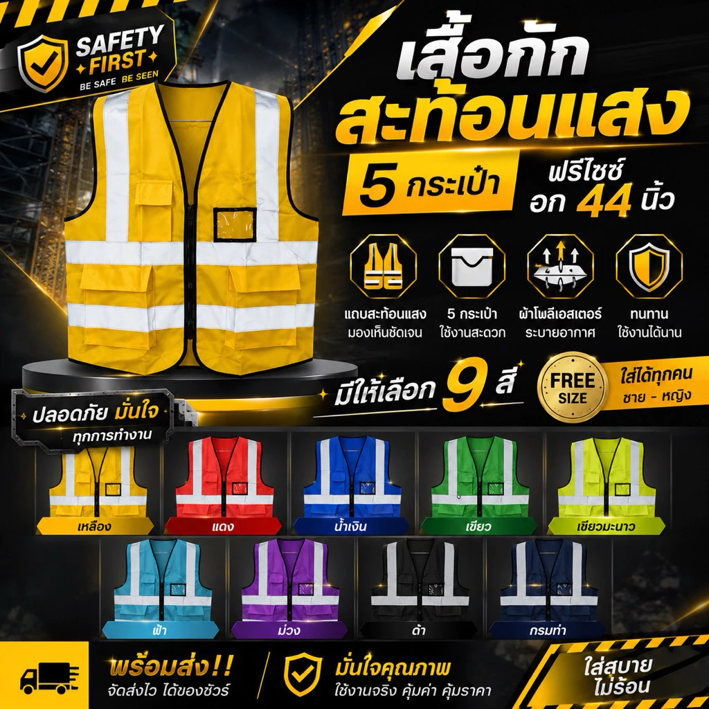 เสื้อกั๊กเสื้อสะท้อนแสงเพื่อความปลอดภัย 5 กระเป๋า แบบมีซิบ