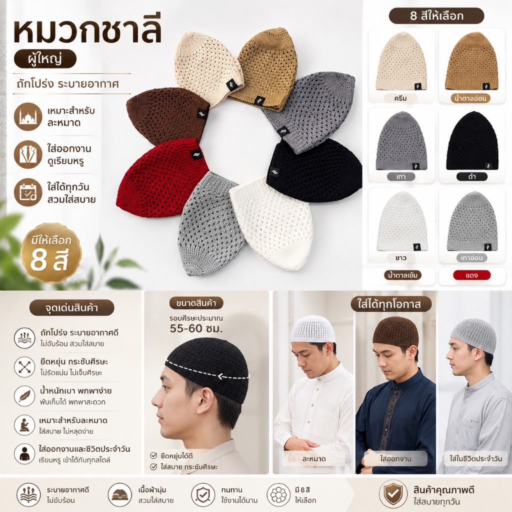 หมวกกะปิเยาะห์, หมวกซาลี, หมวกมุสลิม, หมวกละหมาด, หมวกอิสลาม, Muslim Cap, Kufi Cap, Prayer Cap, หมวกถักผู้ใหญ่