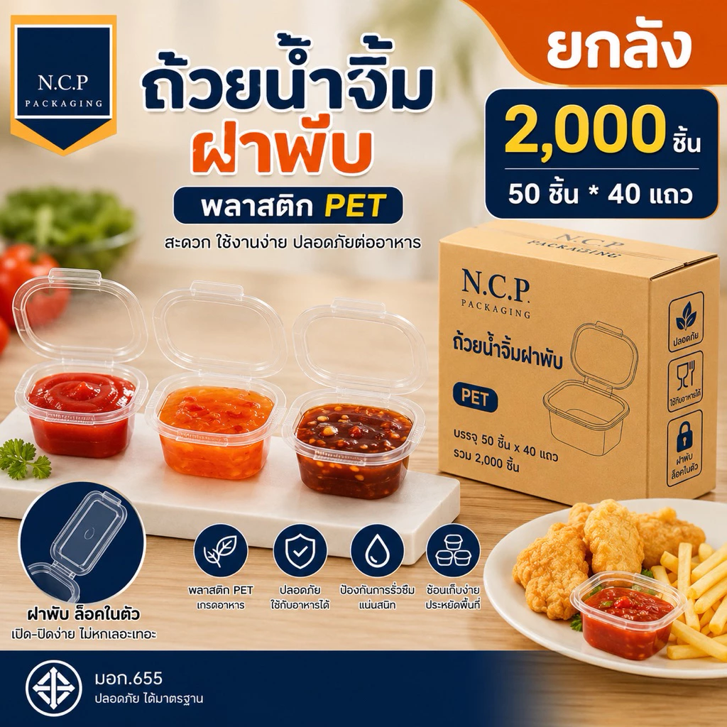 ถ้วยน้ำจิ้ม 1ออนซ์ 2ออนซ์ 3ออนซ์ PET(ยกลัง) ฝาติดในตัว 2000ชิ้น ถ้วยน้ำจิ้มฝาติด ถ้วยPET
