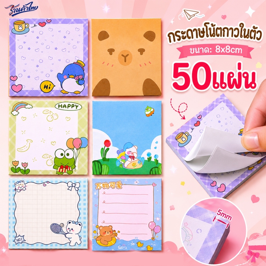 💜กระดาษโน๊ตกาวในตัว 50 แผ่น✨Sticky Note โน้ตลายน่ารัก กระดาษบันทึกโน๊ต 📌เลือกลาย✅พร้อมส่งในไทย