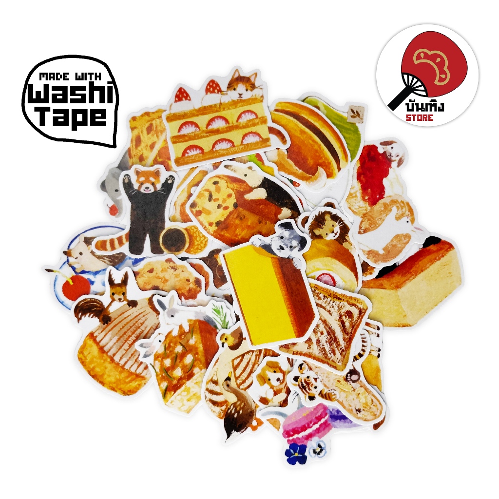 (พร้อมส่ง) Decorative Sticker สติกเกอร์กระดาษวาชิ - Cute Desserts in the Woods ของหวานกับเหล่าสัตว์ป่า