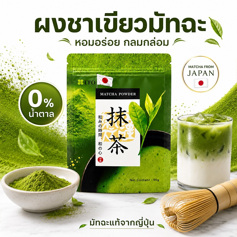 ผงชาเขียวมัทฉะแท้ 100% เกรดพรีเมียม นำเข้า ไม่ผสมน้ำตาล หอมเข้ม เนื้อละเอียด ชงง่าย 50กรัม