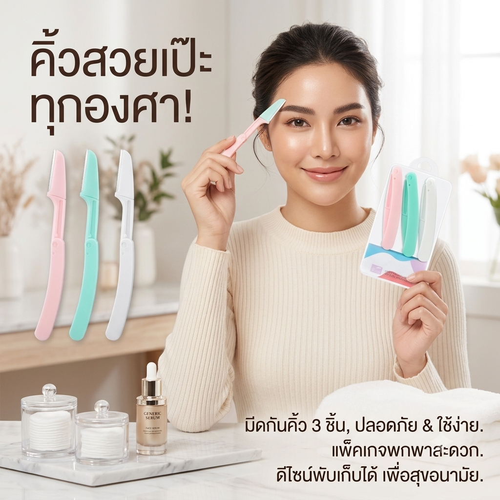 มีดกันคิ้ว 3 ชิ้น แบบพับได้ พกพาสะดวก ใบมีดไมโครการ์ด คมกริบ ปลอดภัย ไม่บาดผิว