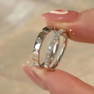 แหวนคู่รัก แหวนปรับขนาดได้ ประดับเพทาย CZ สแตนเลสไทเทเนียม สไตล์เกาหลี มินิมอล เรียบหรู เครื่องประดับแฟชั่น