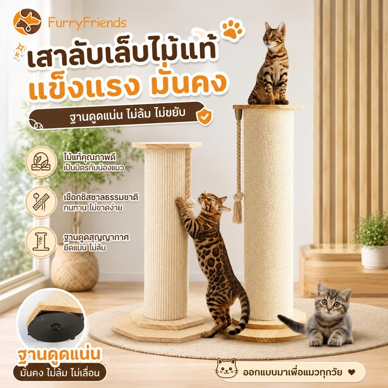 เสาลับเล็บแมวสูง 84ซม. เชือกปอธรรมชาติ ฐานไม้มั่นคง ที่ลับเล็บแมว ของเล่นแมว แข็งแรง ไม่ล้มง่าย ทนข่วน