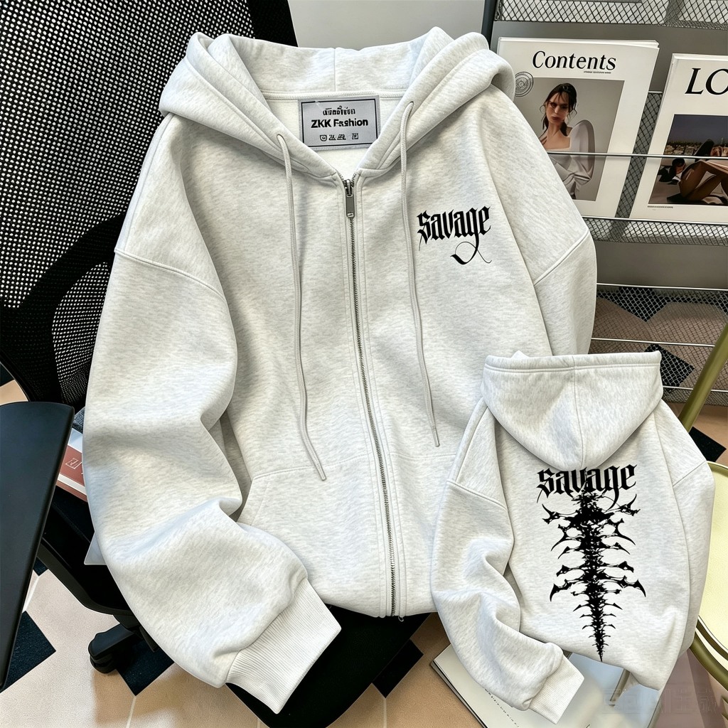 เสื้อฮู้ดซิปผู้หญิง ลายกราฟฟิกพิมพ์หน้า-หลัง รูปที่ 3