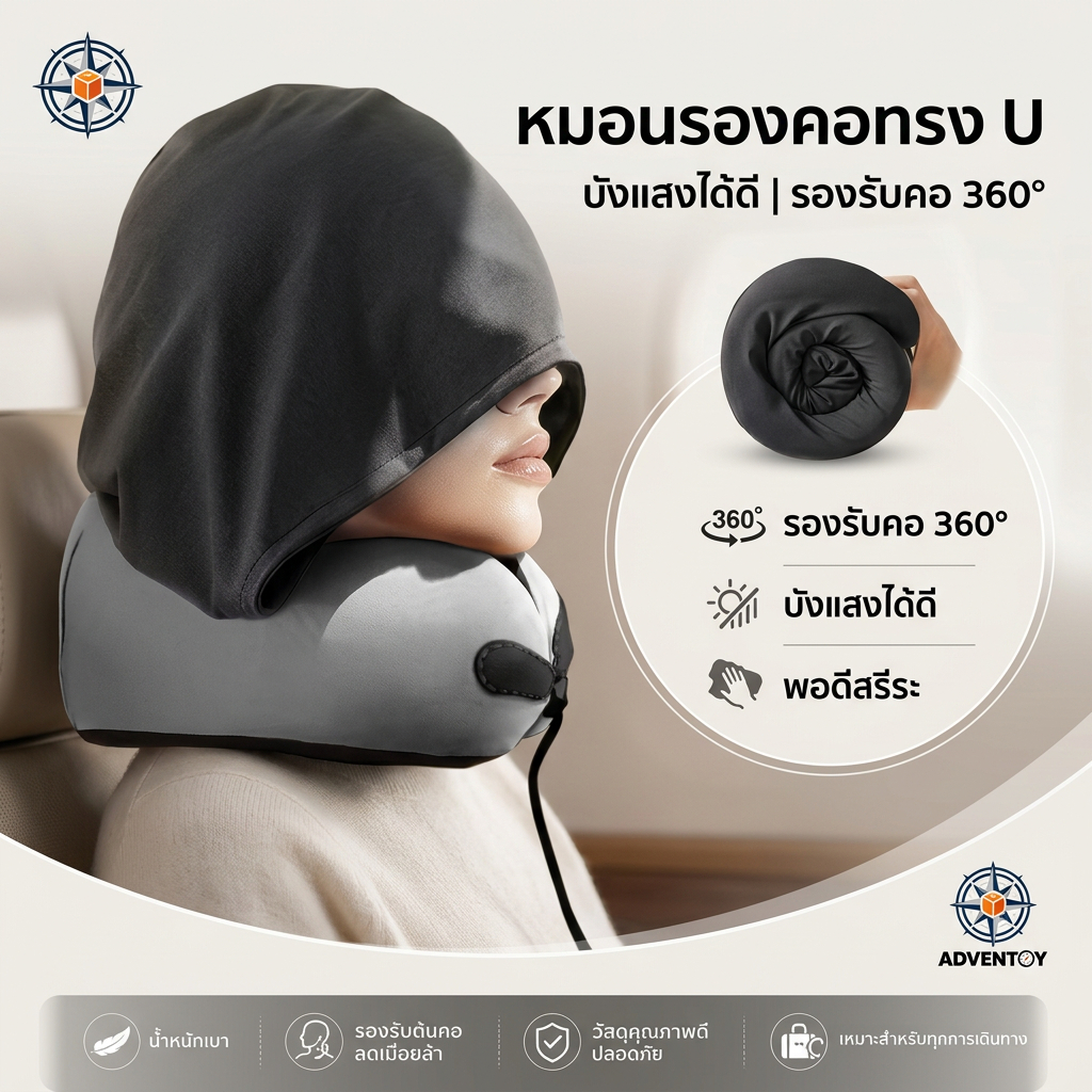 หมอนรองคอเดินทาง พร้อมฮู้ดบังแสง สุดสบาย รองรับคอรอบด้าน 360° วัสดุคุณภาพ นุ่ม ปลอดภัย พับเก็บง่าย ใช้ได้ทุกที่