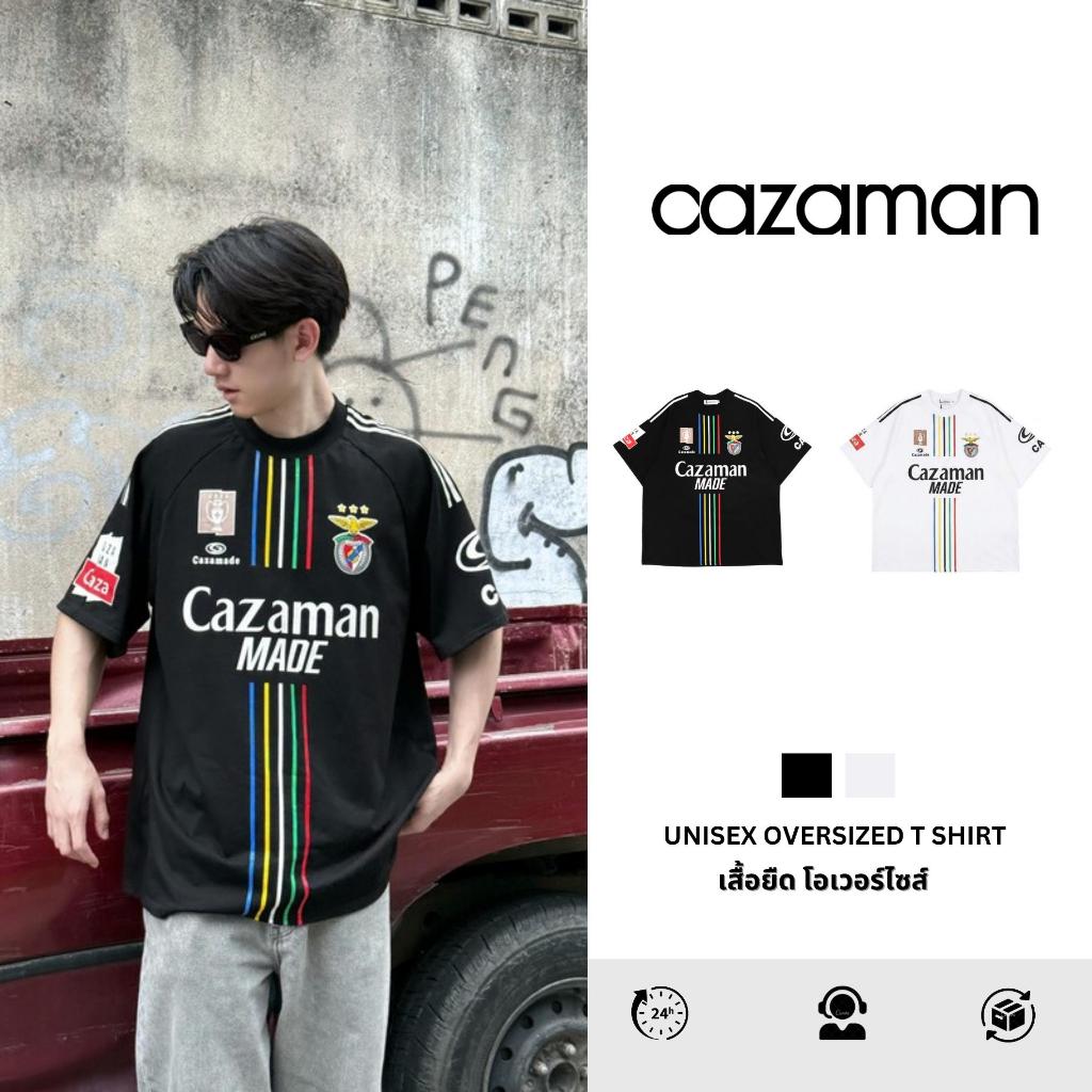 CAZAMAN เสื้อเชิ้ต OVERSIZE เสื้อยืด เสื้อยืดสำหรับผู้ชาย แขนสั้นใส่สบาย สกลีนสาย C24719