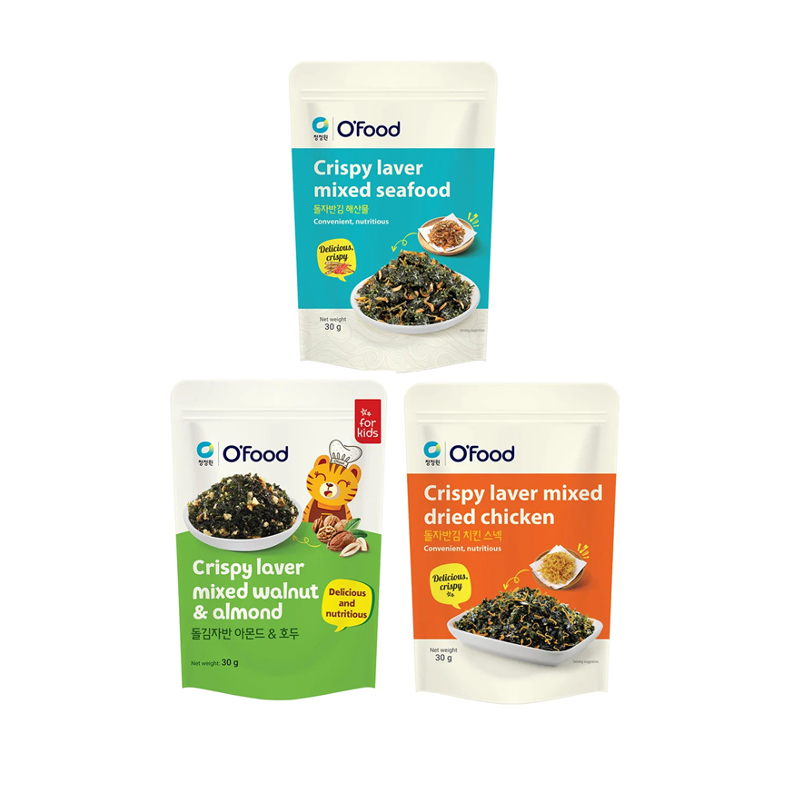 สาหร่ายโรยข้าวเกาหลี ตราโอฟู้ด 30 กรัม /(O'Food Crispy Laver) [30g] สาหร่ายปรุงรสอบกรอบ มี 3 รสชาติ [ไก่หยอง / ซีฟู้ด