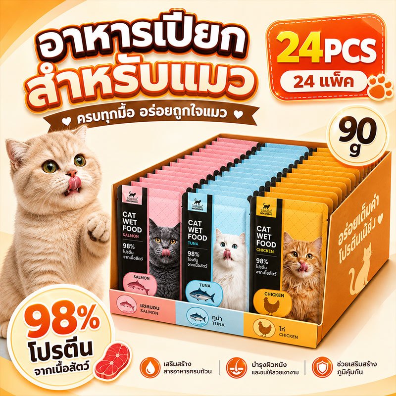 NOCC ชุดครอบครัว 12/24 ซอง ขนาด 90 กรัม อาหารเปียกแมว 3 รส เพิ่มความน่ากินและโปรตีน