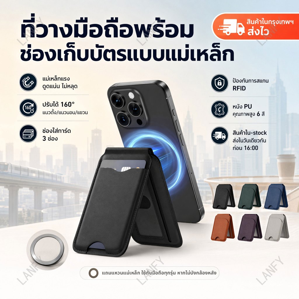 🔥กระเป๋าสตางค์แม่เหล็ก โทรศัพท์ ผู้ถือบัตร หนังPU ขาตั้งโทรศัพท์ ติดได้บนโทรศัพท์มือถือ พร้อมส่ง