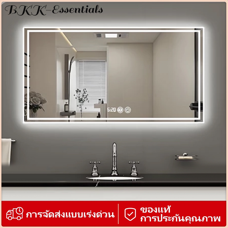 [กระจกนิรภัยเทมเปอร์] กระจกห้องน้ำ LED อัจฉริยะ ระบบสัมผัส ไฟ LED 3 สี ระบบกันฝ้า แสดงเวลาและอุณหภูมิ
