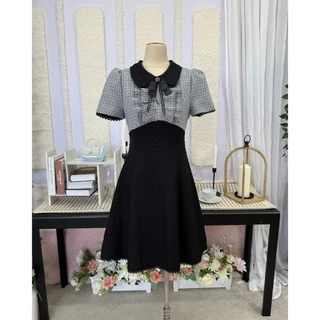 FW91R3 Alicia Dress ชุดเดรสสั้น ตัดต่อใต้อกท่อนบนผ้าทอทวิตลายตารางสก๊อตสลับสี ปกบัว ผ้าฝ้ายทอด๊อบบี้ลายจุดแต่งลูกไม้รอบป