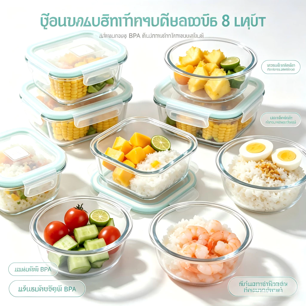 ชุดกล่องข้าวแก้ว 8 ใบ เข้าไมโครเวฟได้ ทนความร้อน ทนความเย็น ปลอดภัย ปราศจาก BPA สำหรับเก็บอาหาร