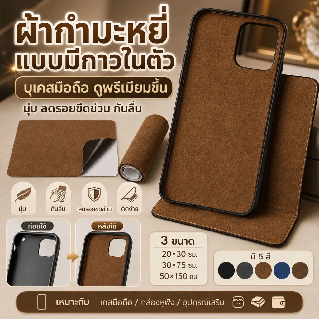 แผ่นผ้ากํามะหยี่กาวในตัว (50 x 150 - หนังเทียม PU กํามะหยี่สําหรับทํากล่องเครื่องประดับ ตกแต่งภายในรถยนต์ และงานฝี