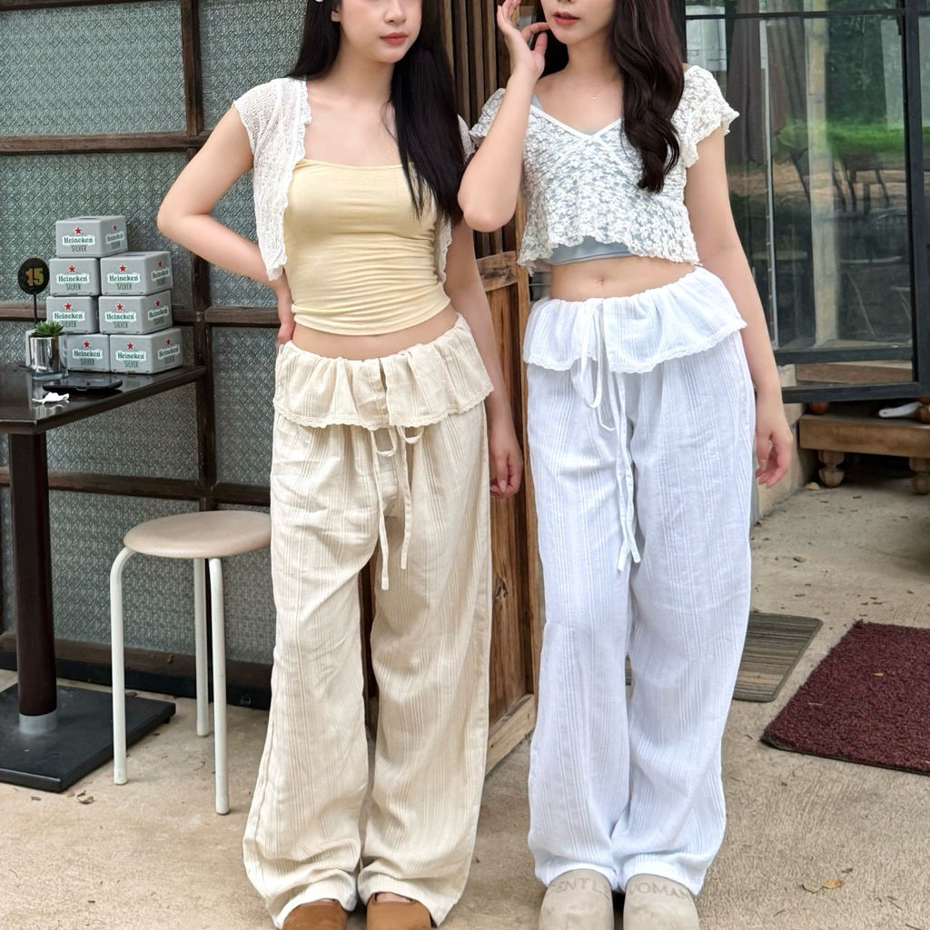Luka Pants✨กางเกงขายาวรูดเชือกเอว แต่งลูกไม้ผ้าฝ้าย กางเกงชายหาด กางเกงใส่ไปทะเล Manee.cotton
