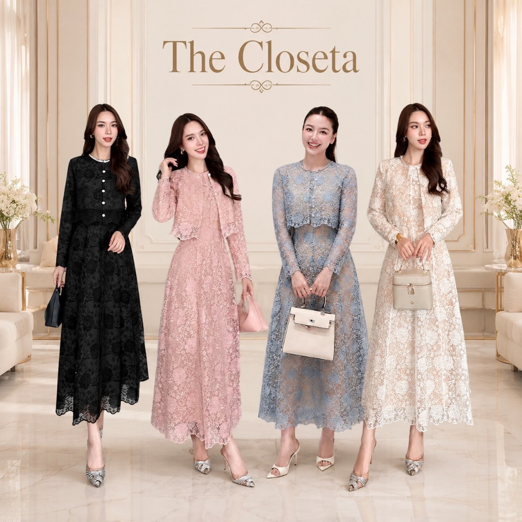 THE CLOSETA : (พร้อมส่ง) LB569 เดรสลูกไม้ลายกุหลาบแขนกุด มาพร้อมเสื้อแขนยาวเข้าชุด