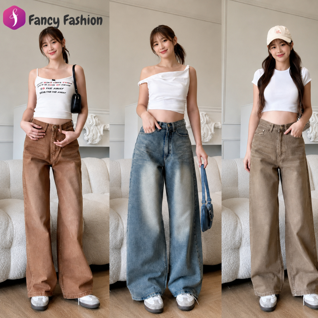 (S-XL) FancyFashion กางเกงยีนส์ผู้หญิงเอวสูง  ทรงกระบอกตรงขากว้าง แต่งเฟดหน้า-หลัง ทรงหลวม ใส่สบาย สไตล์เกาหลี