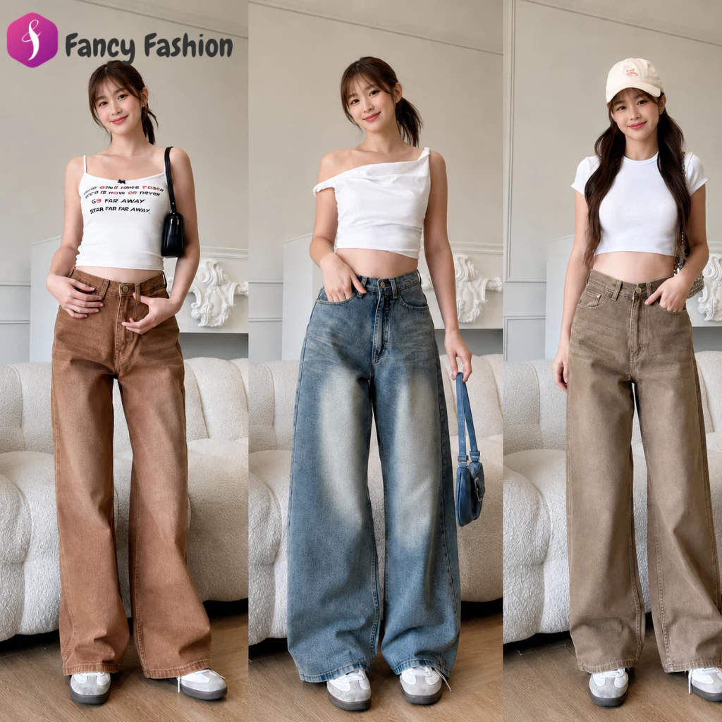 (S-XL) FancyFashion กางเกงยีนส์ผู้หญิงเอวสูง ทรงกระบอกตรงขากว้าง แต่งเฟดหน้า-หลัง ทรงหลวม ใส่สบาย สไตล์เกาหลี