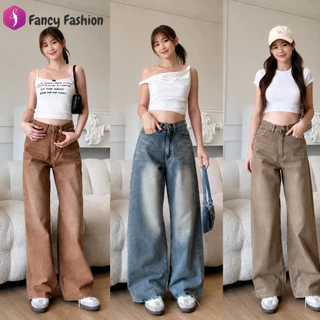 (S-XL) FancyFashion กางเกงยีนส์ผู้หญิงเอวสูง ทรงกระบอกตรงขากว้าง แต่งเฟดหน้า-หลัง ทรงหลวม ใส่สบาย สไตล์เกาหลี