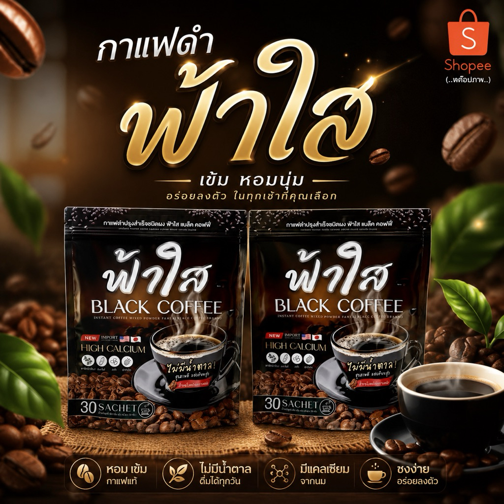 กาแฟดำ (2 ห่อ 60 ซอง) กาแฟดำแคลเซียมฟ้าใส หอม เข้ม อร่อย