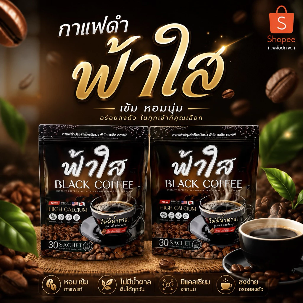 กาแฟดำ (2 ห่อ 60ซอง) กาแฟดำแคลเซียมฟ้าใส หอม เข้ม อร่อย