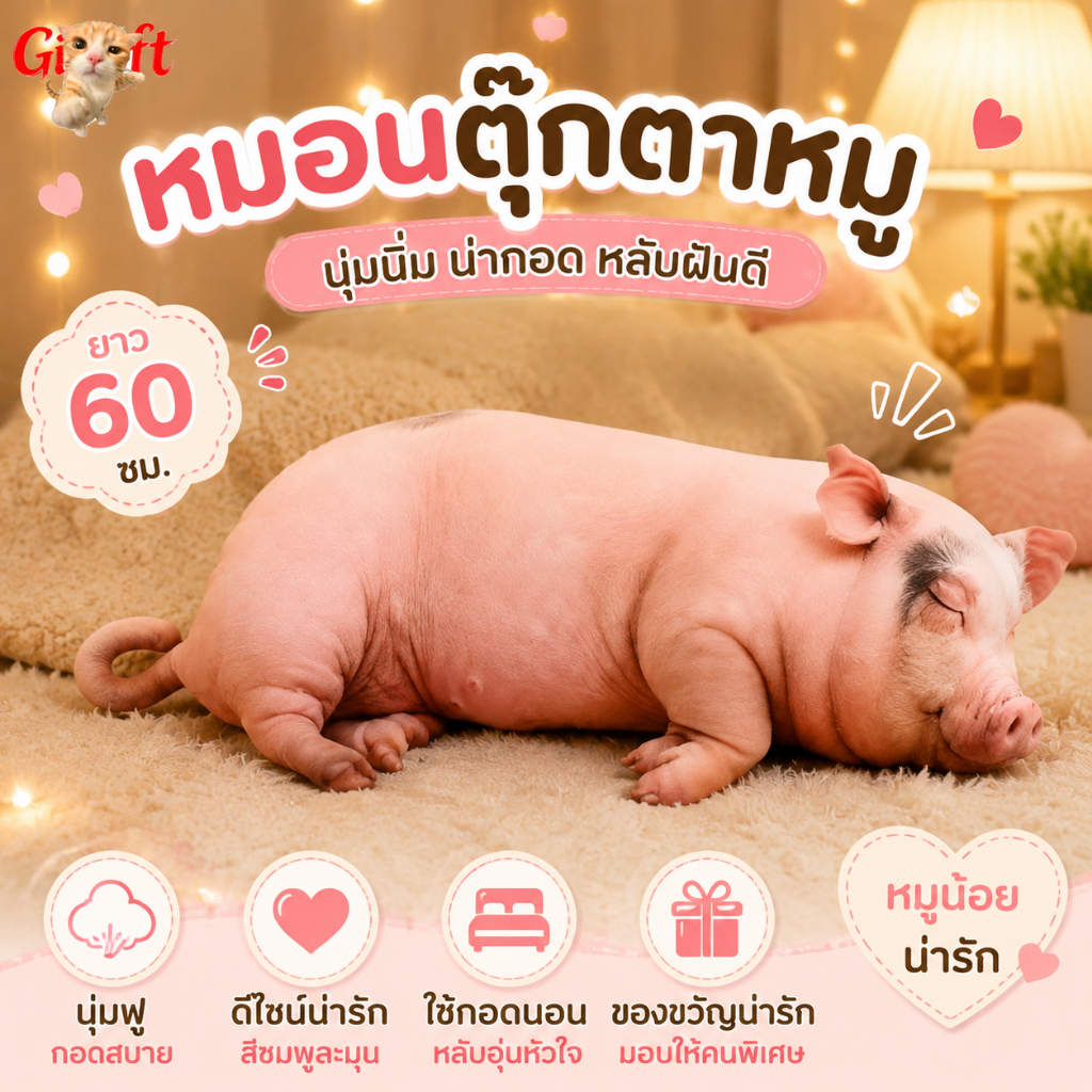 หมอนตุ๊กตาหมูตัวยาว นุ่มนิ่มน่ากอด ใช้กอดนอน วางแต่งห้อง หรือเป็นของสะสมน่ารัก 60cm