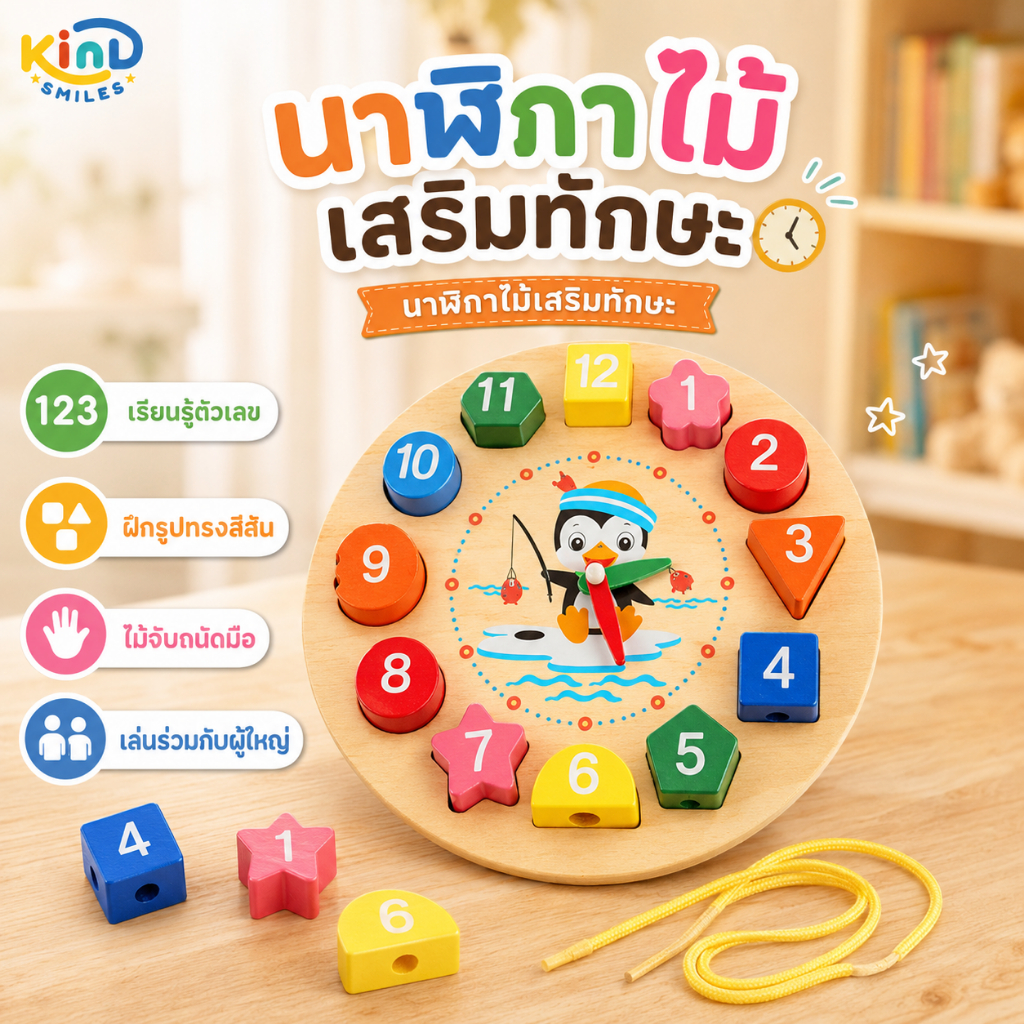 นาฬิกาไม้ของเล่นเด็ก บล็อกตัวเลขและรูปทรง ใช้เล่นกับผู้ใหญ่หรือวางเป็นของแต่งห้องเด็ก