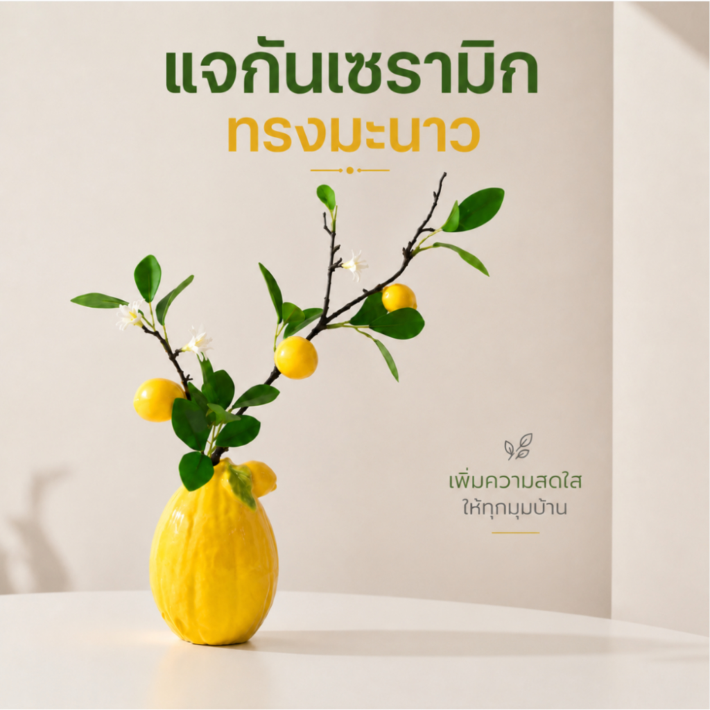 แจกันเลมอนเซรามิก พร้อมกิ่งเลมอนประดิษฐ์ ตกแต่งโต๊ะ ห้องนั่งเล่น คาเฟ่ ของขวัญขึ้นบ้านใหม่