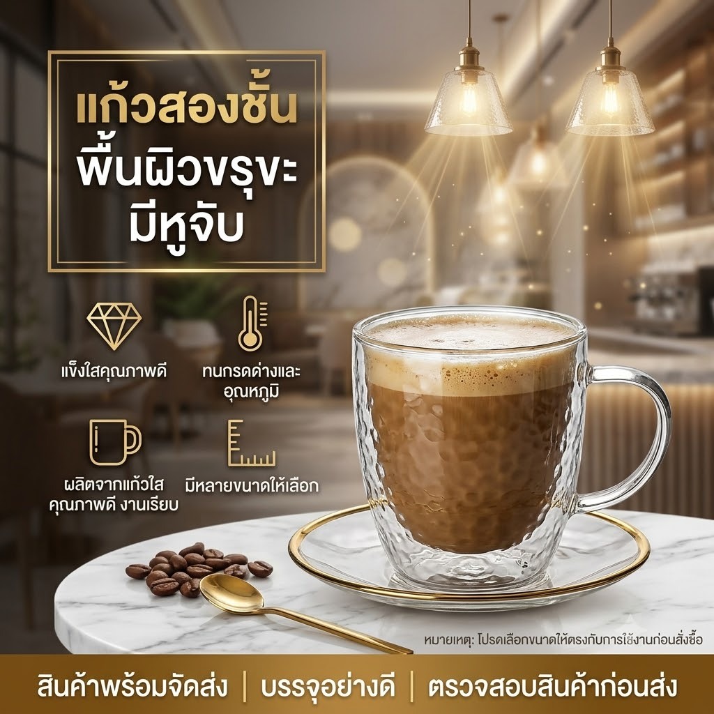 【ซื้อแก้วสองชั้น พื้นผิวขรุขะ มีหูจับ ครบ 99 บาท แถมฟรี บีกเกอร์ 25 ml】แก้วผนัง 2 ชั้น พื้นผิวขรุขะ มีหูจับ 250,350,450