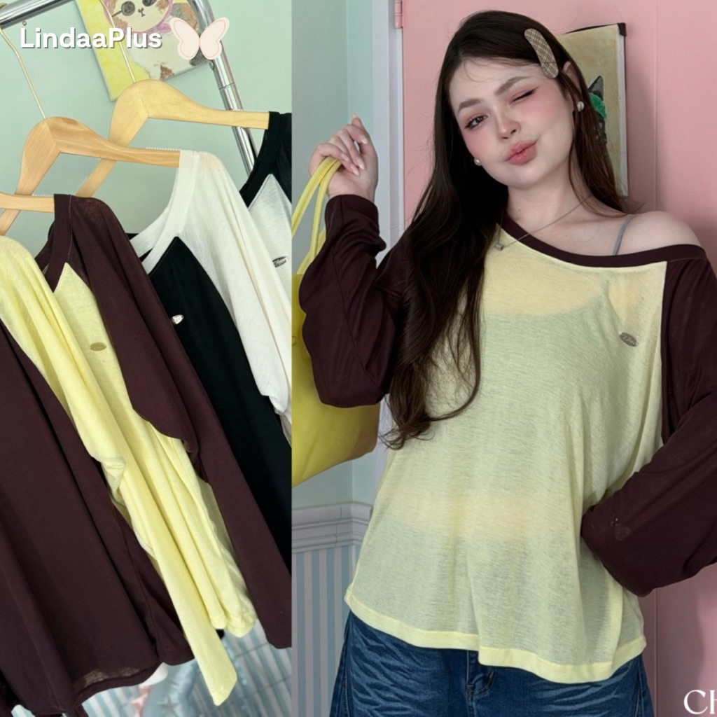 LindaaPlus-- เสื้อแขนยาว ”𝑪𝒖𝒔𝒕𝒂𝒓𝒅“ ปาดไหล่ ดีเทลแต่งอะไหล่อก เนื้อผ้าสลาฟ ยืดหยุ่นได้ดี ระบายอากาศ