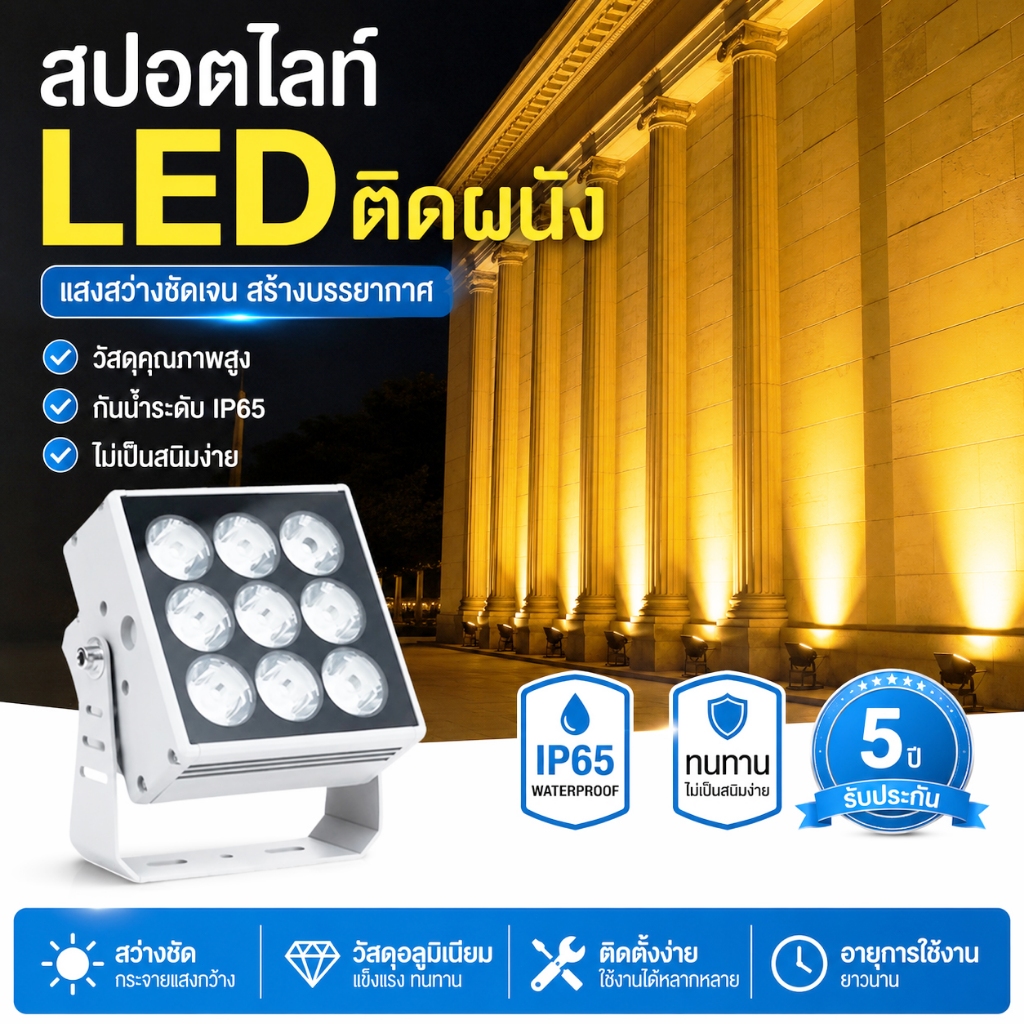 สปอร์ตไลท์ LED ติดผนัง กันน้ำ IP65 โคมอลูมิเนียมแข็งแรง แสงสว่างชัด สำหรับอาคาร โรงแรม สวน และทางเดิน รับประกัน 5 ปี