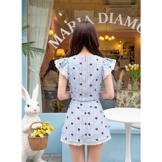 (มี3XL) Maria Diamond สีฟ้า Vivid Berry Set เซ็ต 2 ชิ้น ผ้าคอตตอนสก็อตปกคอบัวซิปหลัง + กระโปรงสั้นมีกระเป๋า ซับในกางเกง