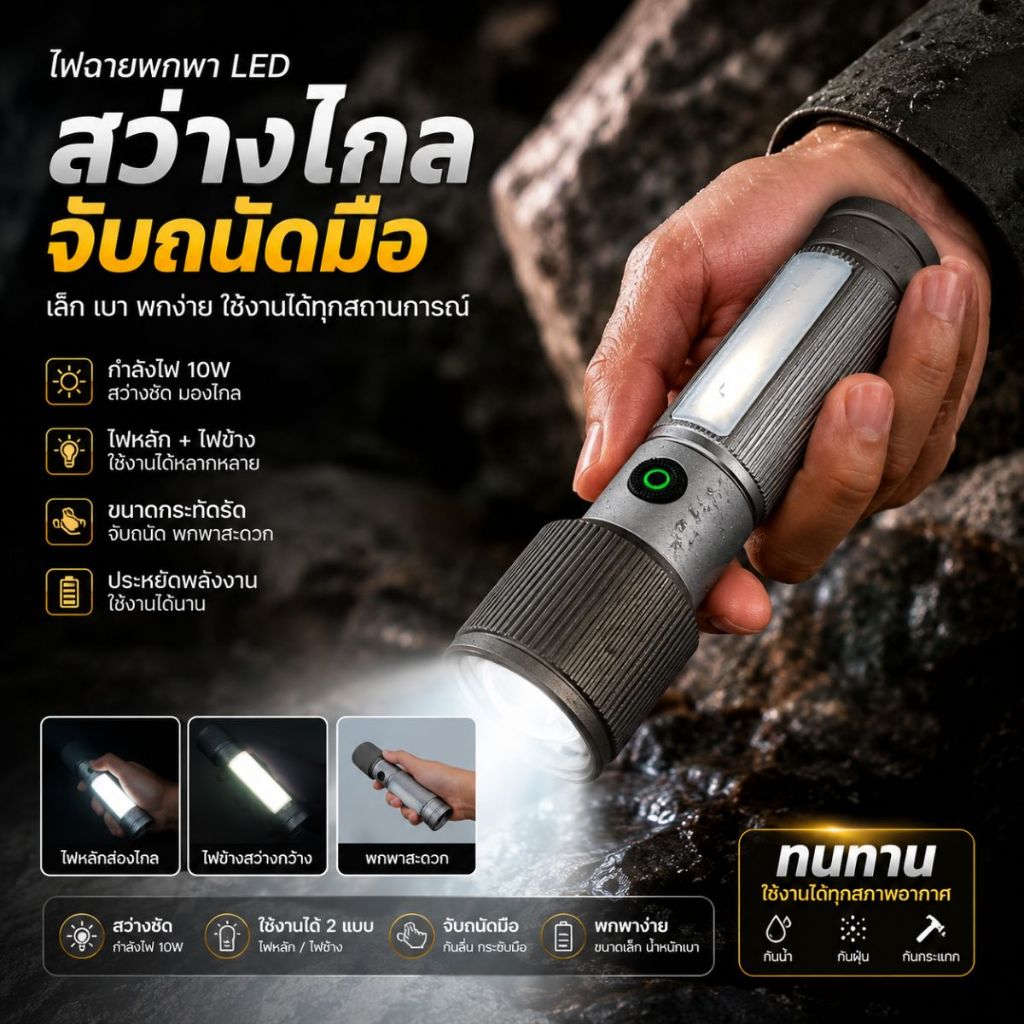ไฟฉาย LED ซุปเปอร์ไบรท์ 2000 ลูเมน ปรับโฟกัสได้ กันน้ำ IPX4 ชาร์จเร็ว USB ใช้งานกลางแจ้ง แบตทนยาว เหมาะสำหรับตั้งแคมป์
