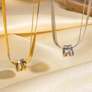 LC+สร้อยคอผู้หญิงสองชั้น จี้วงแหวนโรมัน 316L ไทเทเนียมสแตนเลส ไม่ลอกไม่ดำ กันน้ำ แฟชั่นมินิมอล