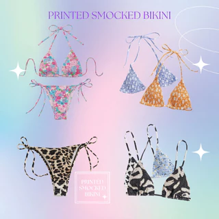 Ocean Mood | Sexy Bikini ชุดว่ายน้ำทูพีช ผ้าสม็อค ทรงเว้าสูง ดีเทลผูกสาย ลายดอกไม้หลากสี ชุดเดินชายหาด